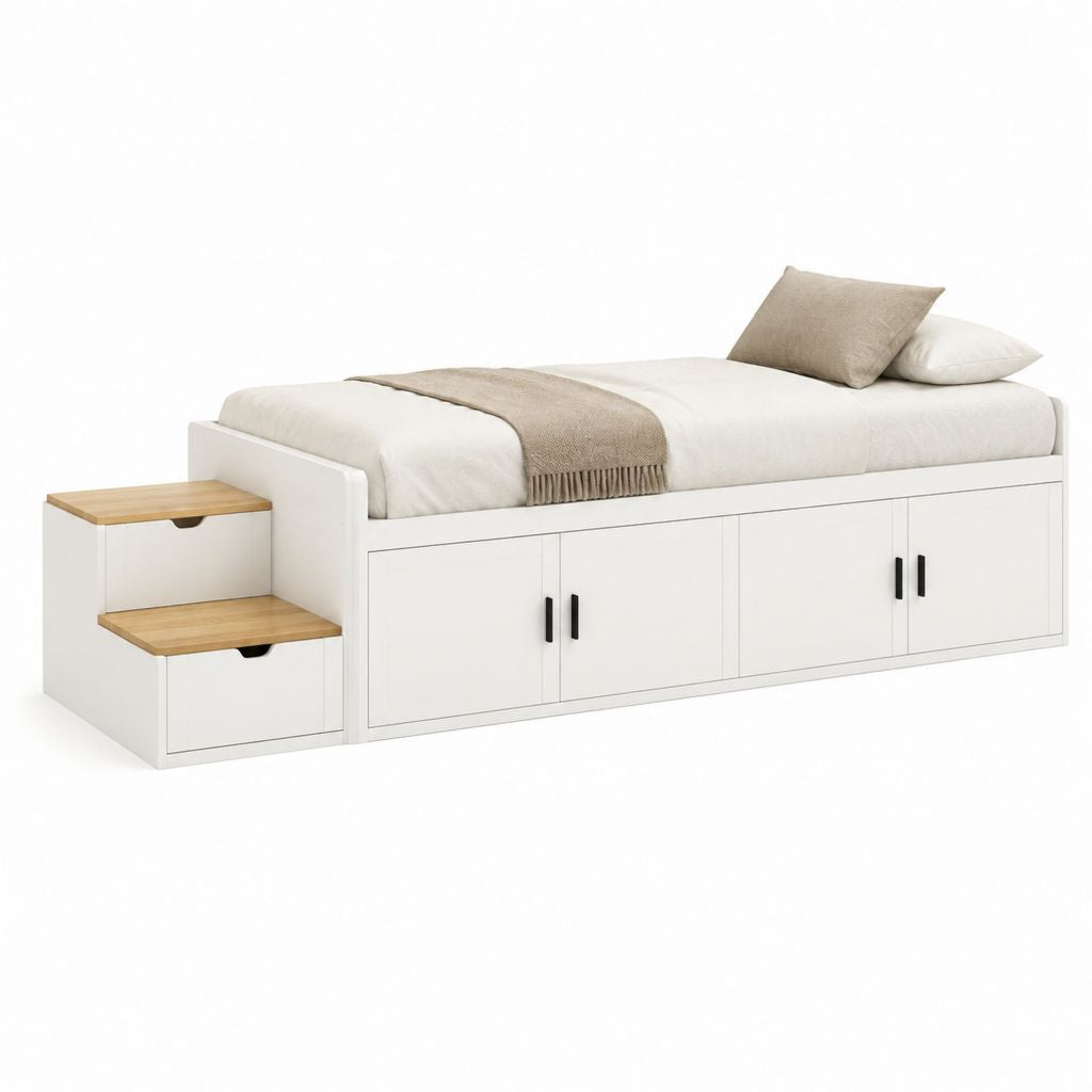 Stauraumbett Einzelbett Weiß mit Eichenoptik MDF 90 x 200 cm