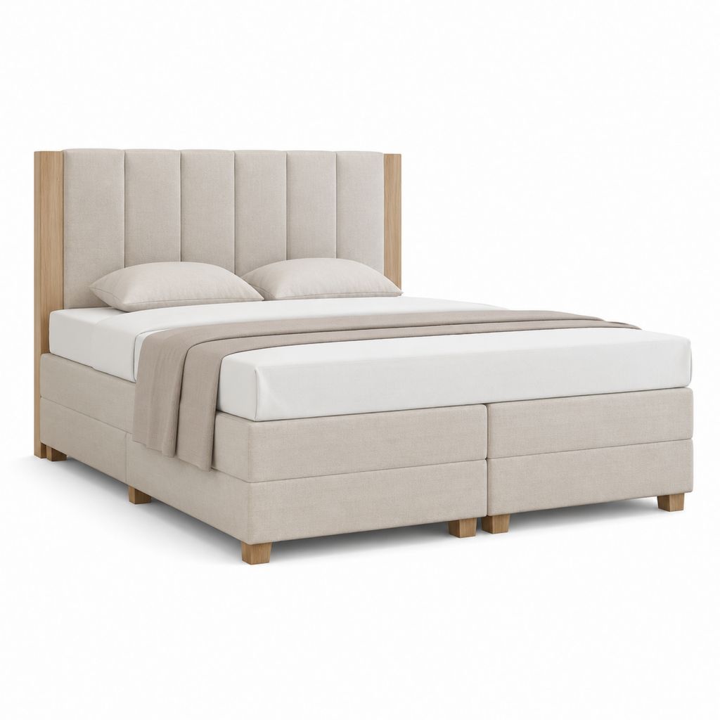Polsterbett mit gepolstertem Kopfteil Beige Polyesterbezug Eiche Massivholz 180 x 200 cm