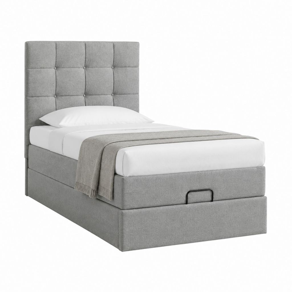 Graues Polyester-Polsterbett rechteckig mit Stauraum und Kopfteil 90 x 200 cm