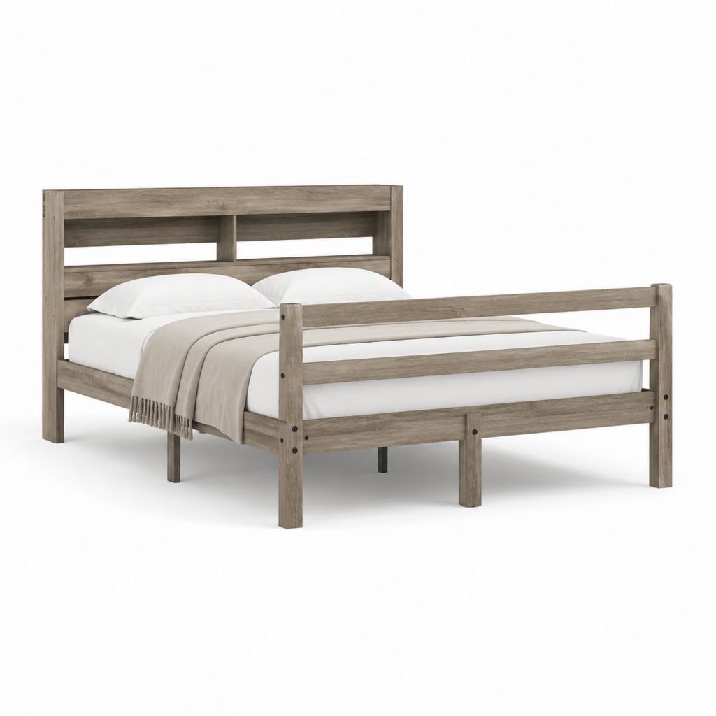 Doppelbett Bettgestell Graubraun aus massivem Kiefernholz mit Kopfteilablage 160 x 200 cm