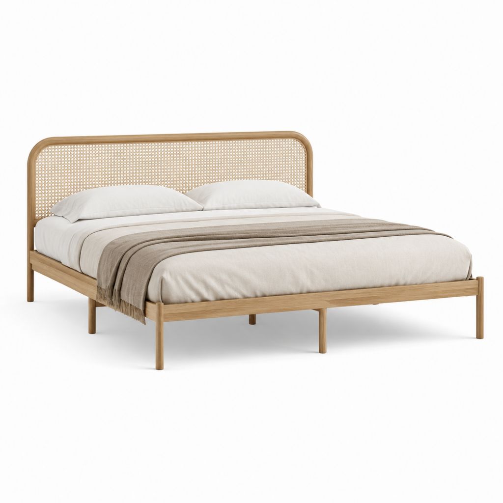 Doppelbett Bettgestell Natur aus Gummibaum-Massivholz mit Rattan-Kopfteil rechteckig 160 x 200 cm