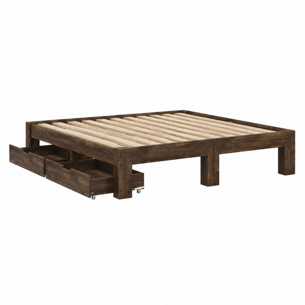 Massivholzbett Doppelbett Dunkelbraun Rechteckig mit 2 Schubladen und Lattenrost 180 x 200 cm