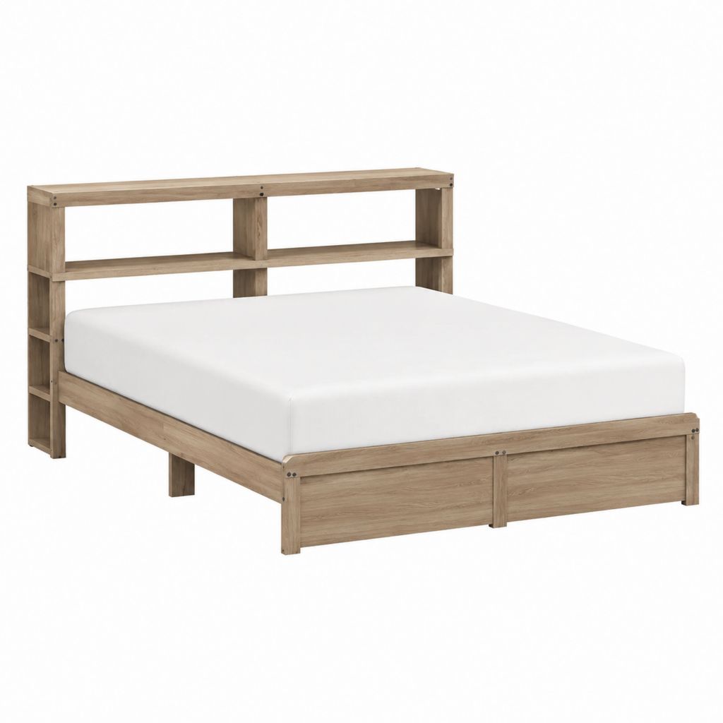Bettgestell 140 x 200 cm eichefarben aus Kiefernholz mit Regal Kopfteil