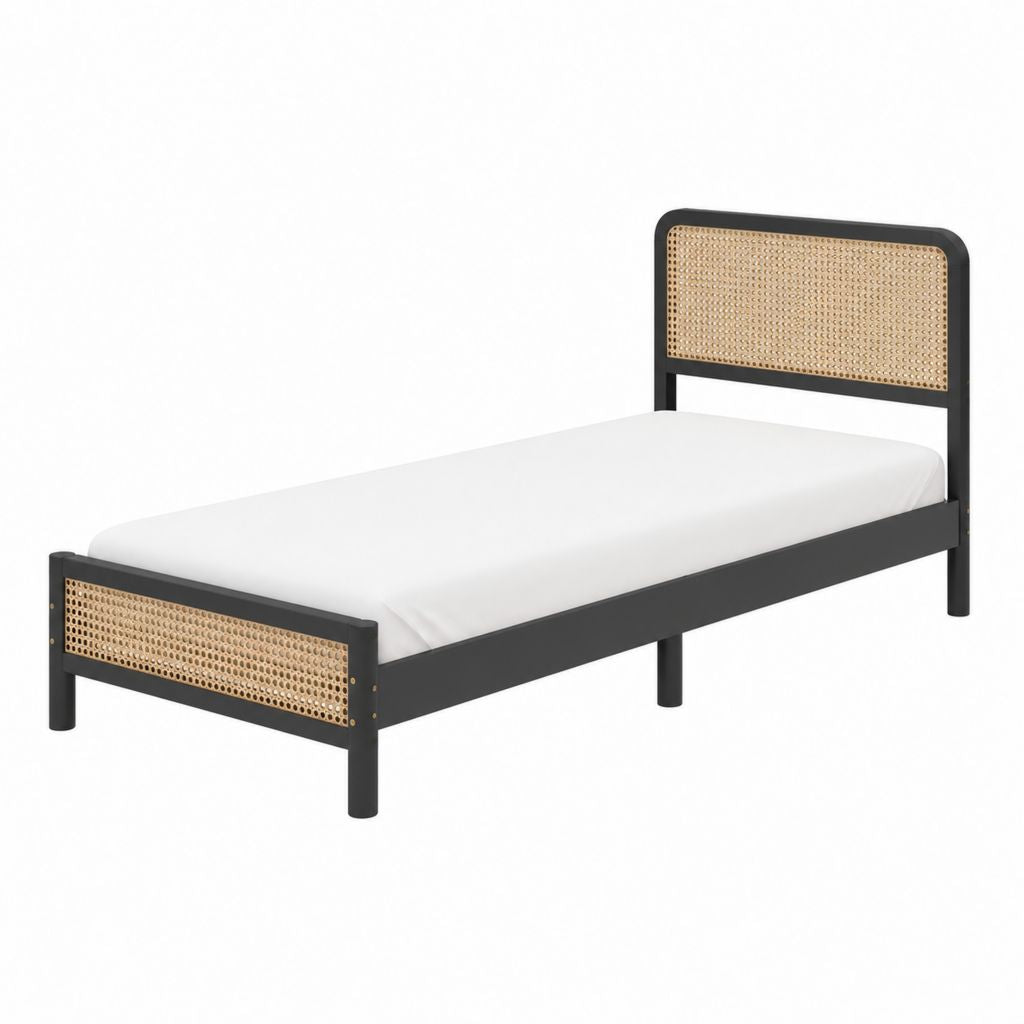 Einzelbett Bettgestell Schwarz Massivholz Rattan Rechteckig 90 x 200 cm