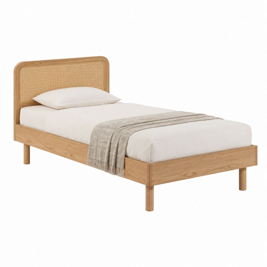 Einzelbett Bettgestell Natur aus Eichenholz und Rattan 90 x 200 cm