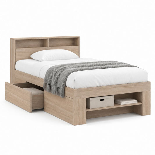 Stauraumbett mit Regal Kopfteil Eiche hell Spanplatte 90 x 200 cm