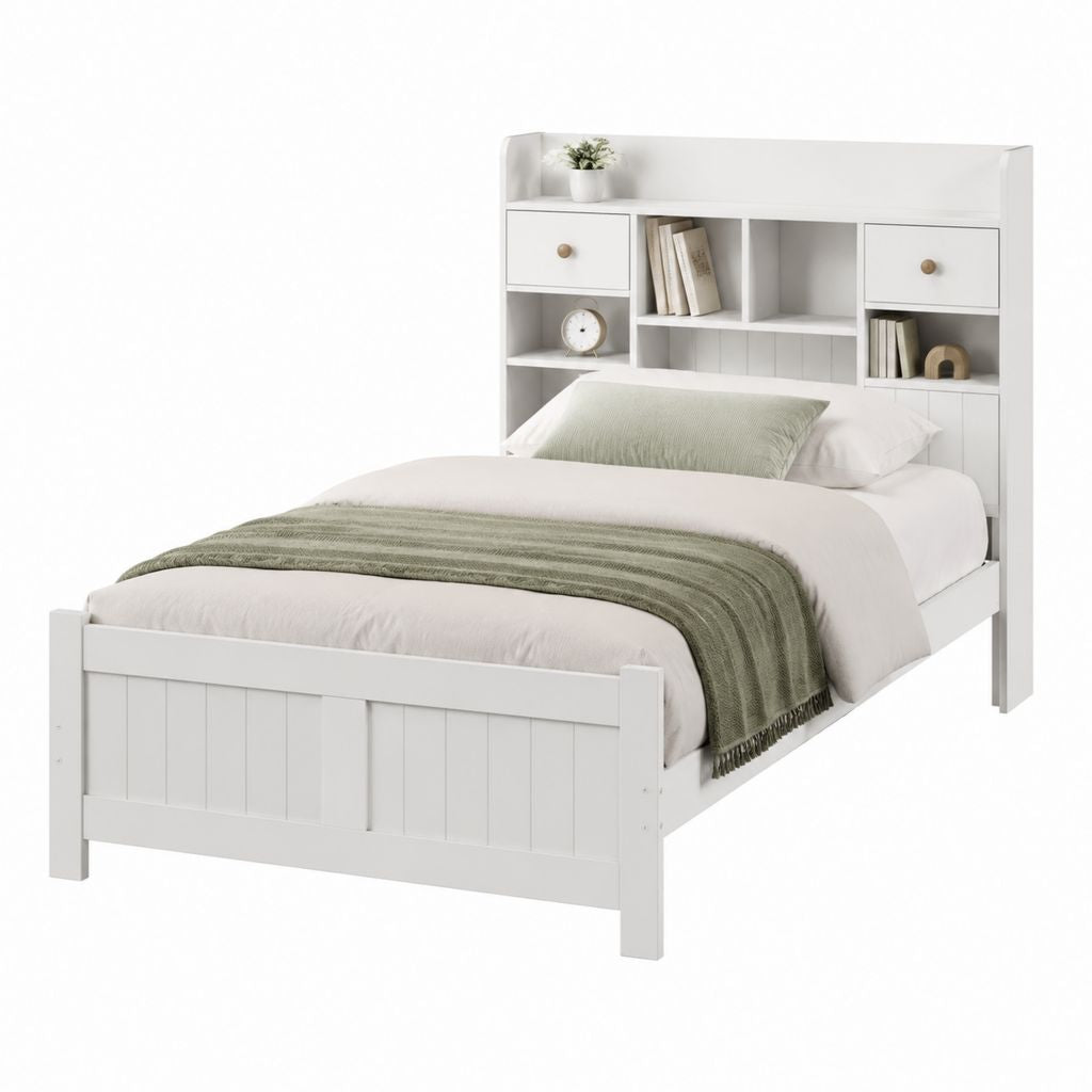 Einzelbett Bettgestell Weiß Holzwerkstoff Rechteckig 90 x 200 cm mit Stauraumkopfteil