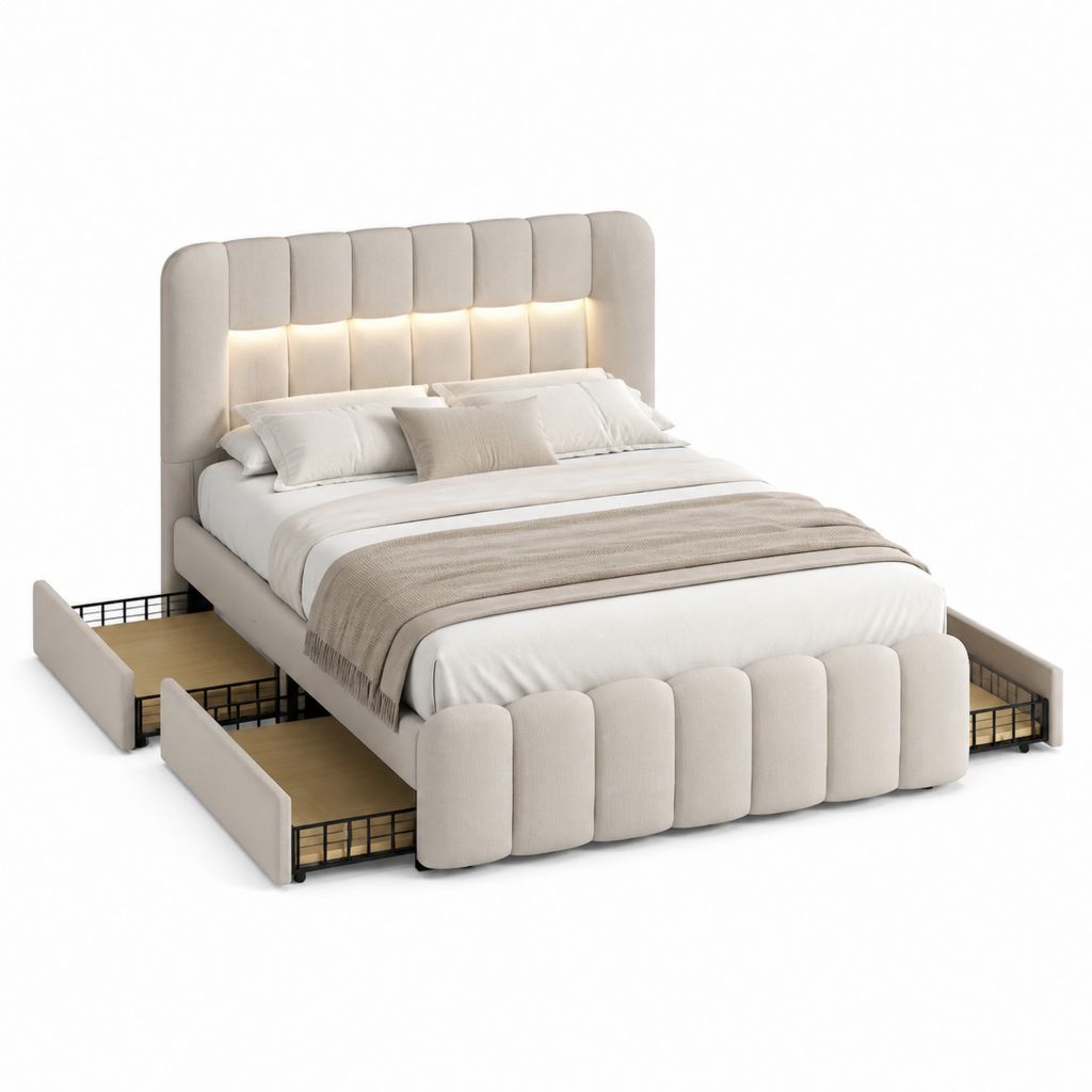 Polsterbett Beige mit LED Kopfteil und 2 Schubladen aus Polyester 160 x 200 cm