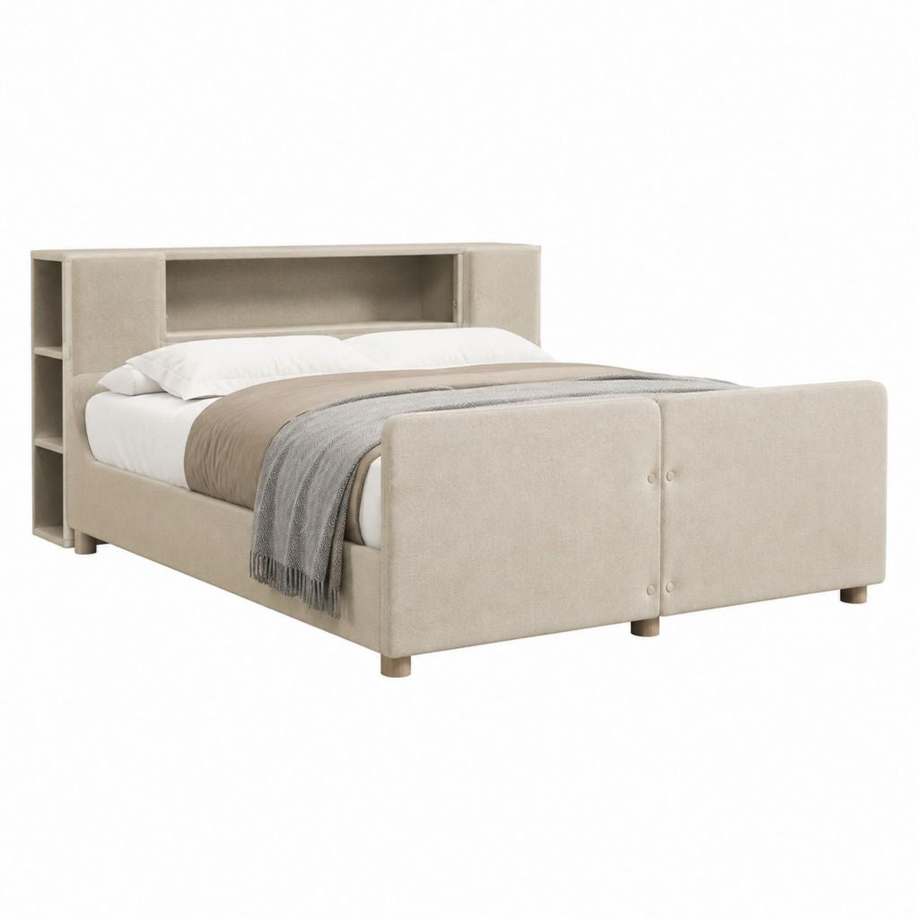 Polsterbett Doppelbett Beige Polyester rechteckig mit Stauraum und Regal 160 x 200 cm