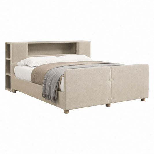 Polsterbett Doppelbett Beige Polyester rechteckig mit Stauraum und Regal 160 x 200 cm